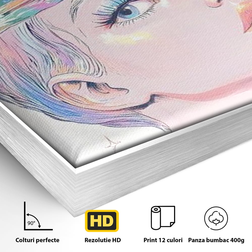 Detaliu al suprafetei: ilustratie cu portret de femeie si galaxie, in rama de aluminiu argintiu